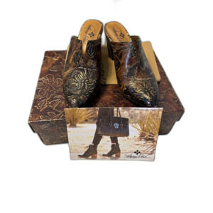 PATRICIA NASH Ruffina Mule in Chocolate Gold Metallic Back Leaves Size 6 Shoes